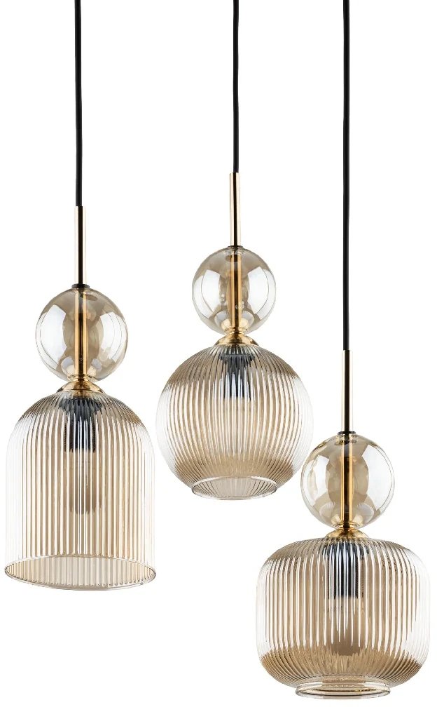 Ryflowany potrójny żyrandol Sophia Cognac 11041 szklany czarny beżowy