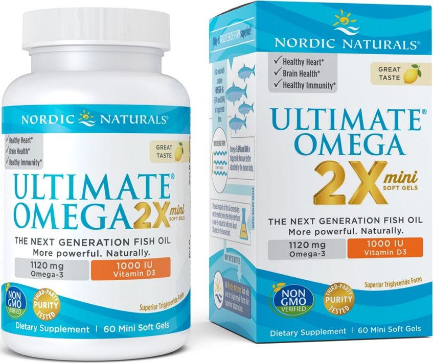 Nordic naturals Nordic Naturals - Ultimate Omega 2X Mini z Witaminą D3, 1120mg, Smak Cytrynowy, 60 kapsułek miękkich