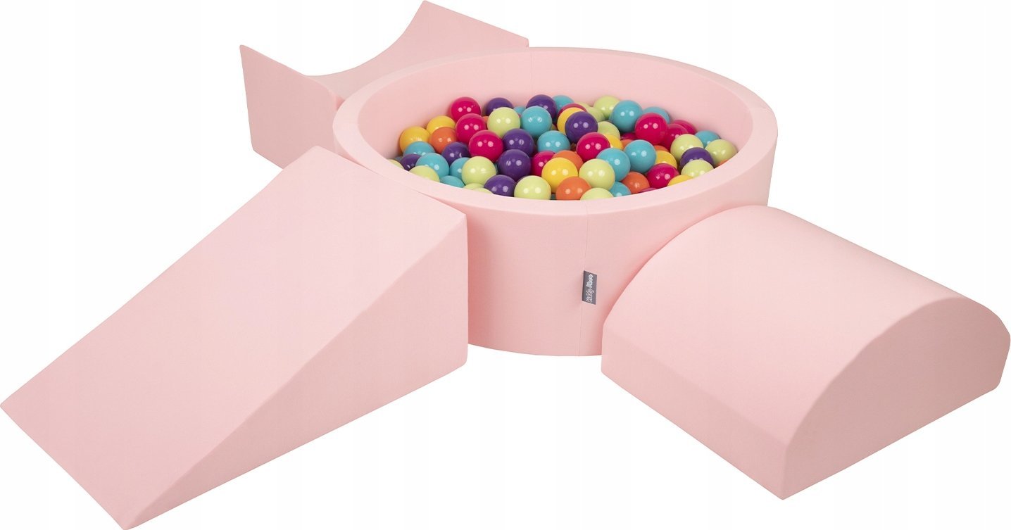 KiddyMoon Piankowy plac zabaw PPZP-OK30D-114 z piłeczkami różowy: jasny zielony-żółty-turkus-pomarańcz-ciemny róż-fiolet basen 300/klin L/rampa L/półw