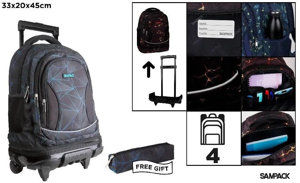 Plecak ze stelażem i kółkami 4 komory + piórnik