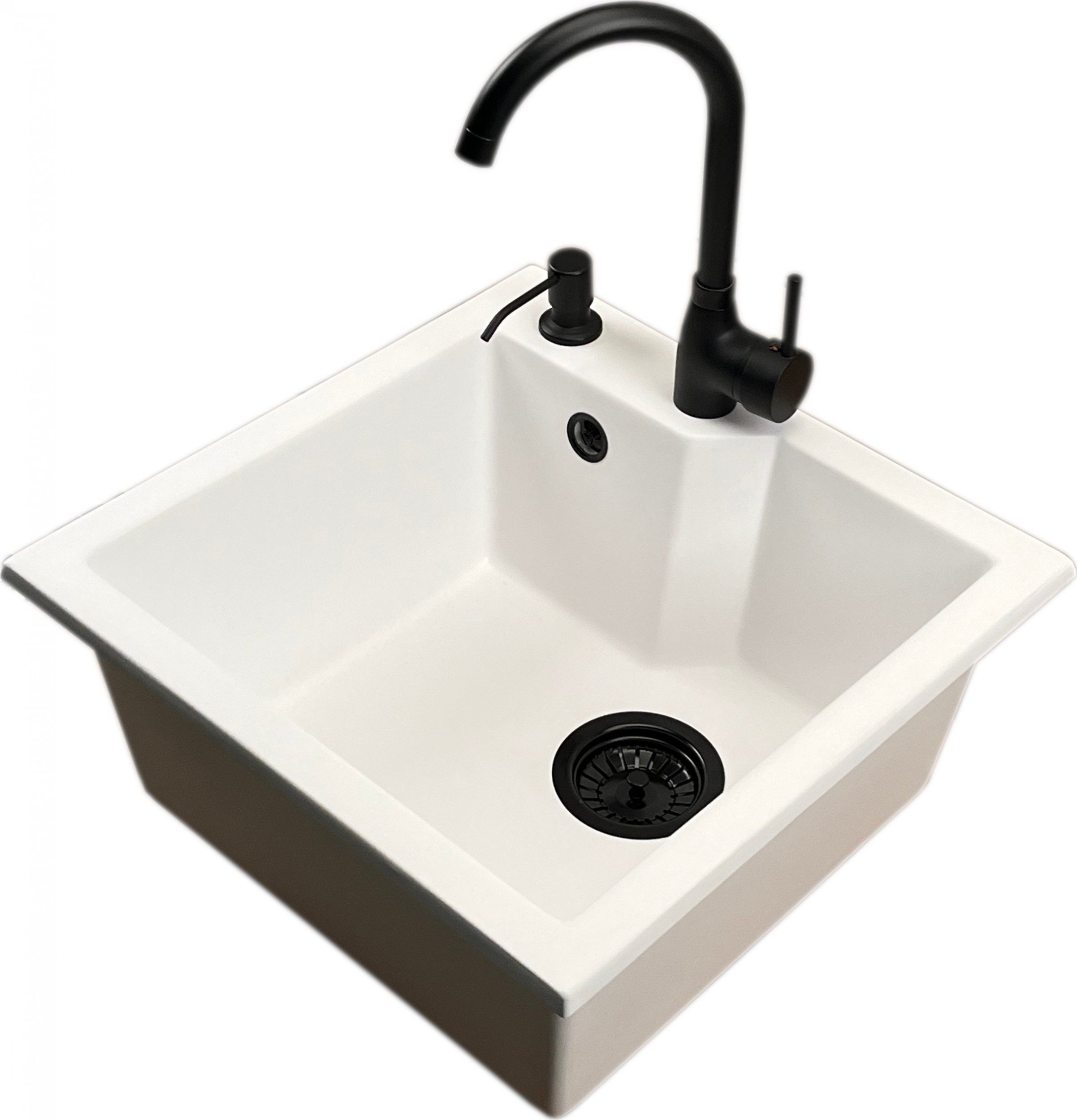 Zlewozmywak PREHNIT Zlewozmywak jednokomorowy NUMO biały + bateria LUNA + dozownik