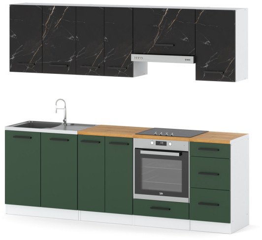 Kuchnia Modułowa Z Blatem Pojemna 2.4m Biała San Sebastian Butelkowa Zieleń