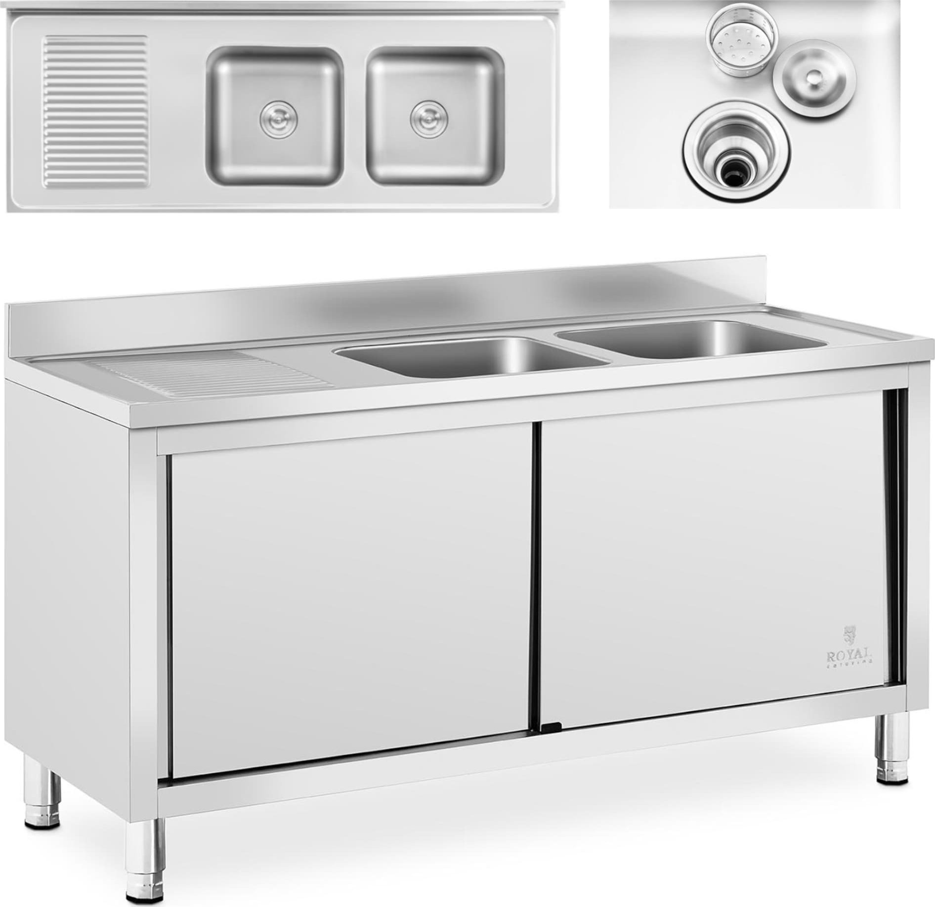 Royal Catering Zlew basen gastronomiczny dwukomorowy z szafką z drzwiami przesuwnymi 160 x 60 x 95 cm