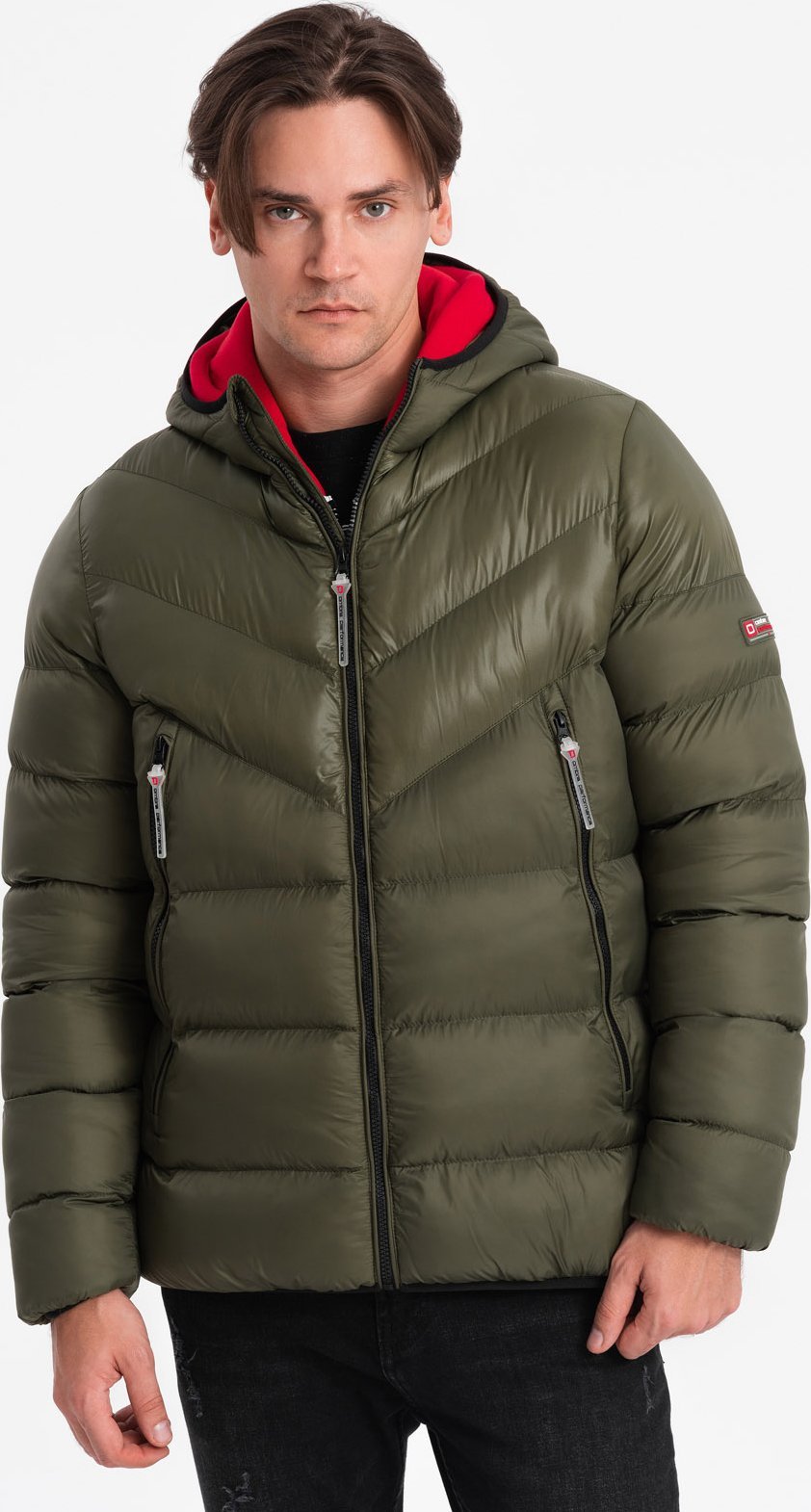 Kurtka męska Ombre Kurtka męska zimowa pikowana z łączonych materiałów - ciemnooliwkowa V3 OM-JAHP-0145 M