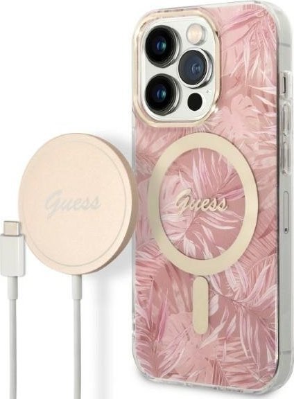 Guess Zestaw Guess GUBPP14LHJEACSP Case+ Charger iPhone 14 Pro 6,1" różowy/pink hard case Jungle MagSafe NoSize