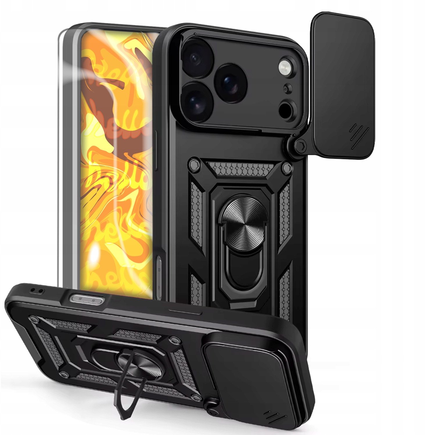 Hello Case ETUI OCHRONNE DO APPLE IPHONE 17 PRO MAX CZARNE ARMOR HOLDER RING SZKŁO