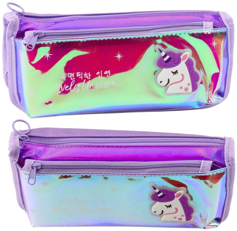 Piórnik Lean Piórnik Przybornik Szkolny Z Jednorożcem Holograficzny Fioletowy 21,5x9 cm