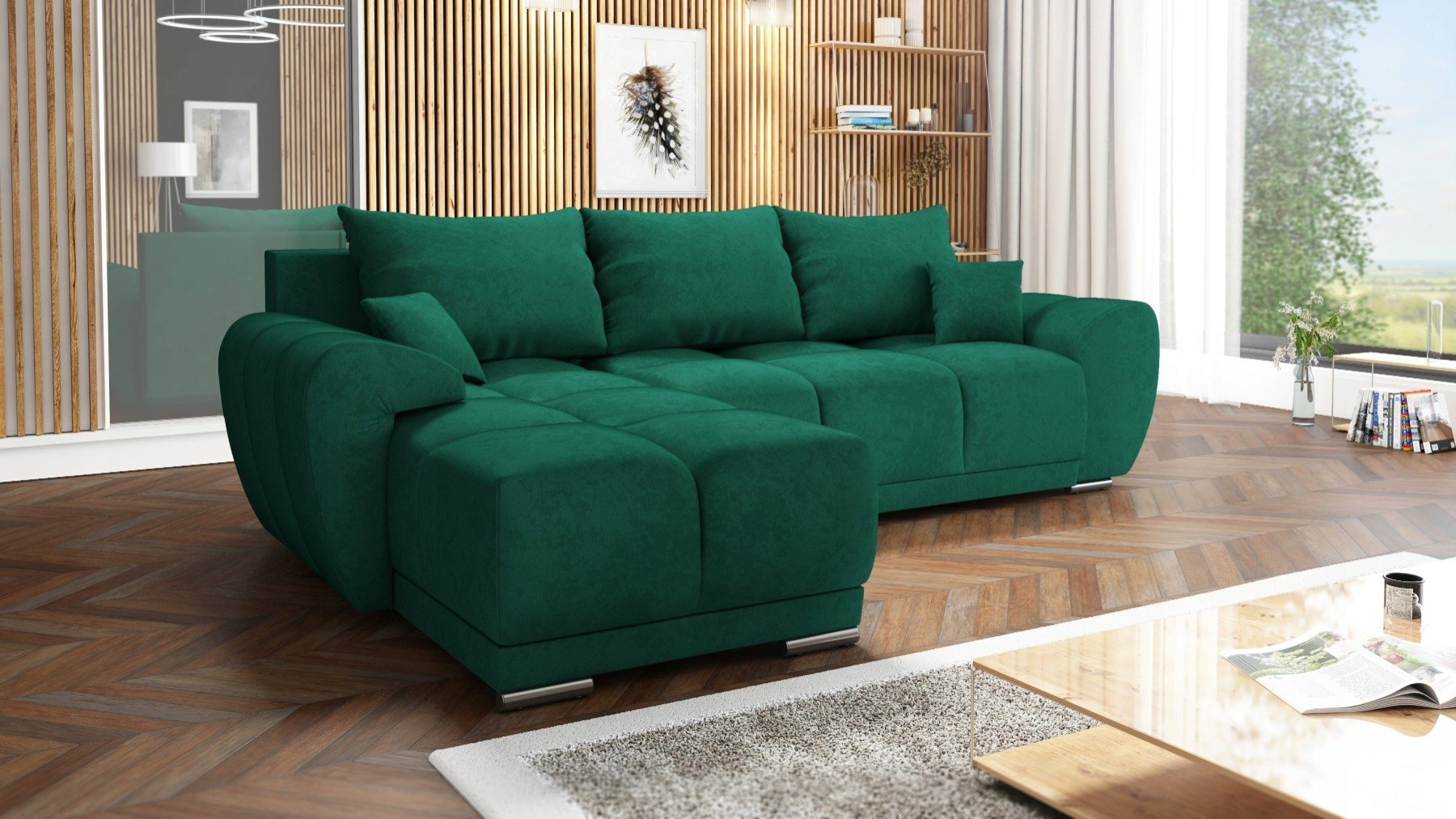 ZIELONY NOWOCZESNY NAROŻNIK ROZKŁADANY ROGÓWKA Z FUNKCJĄ SPANIA HONEY L