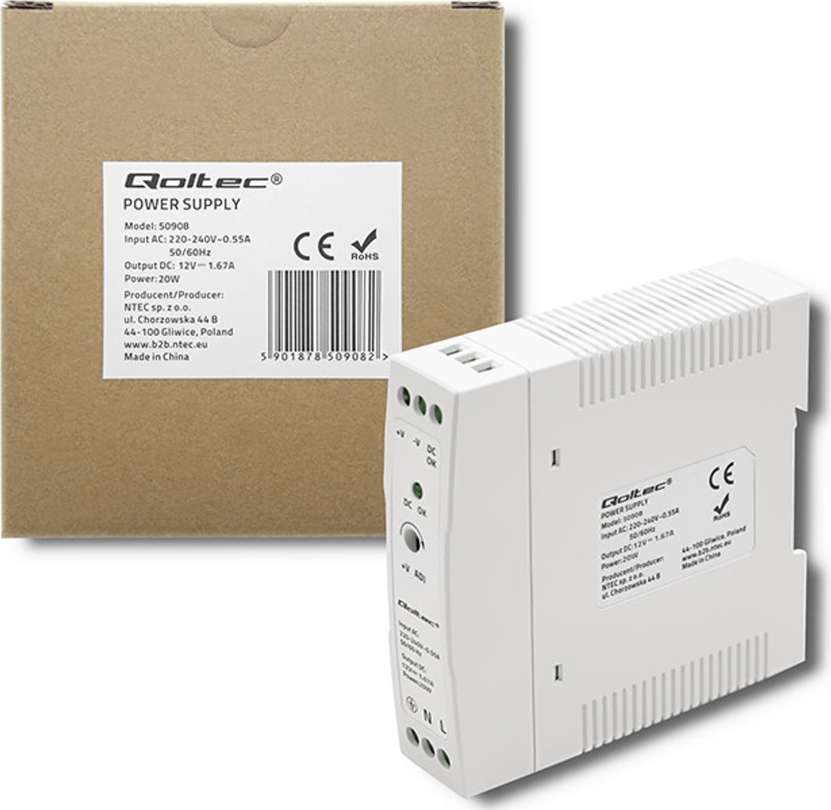 Zasilacz serwerowy Qoltec Qoltec Zasilacz na szynę DIN 20W 12V 1.67A Biały Slim