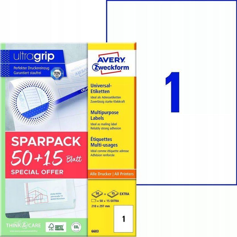 AVERY Universaletiketter Avery 210x297 mm, hvid med Ultragrip +30% ekstra indhold - (65 ark)