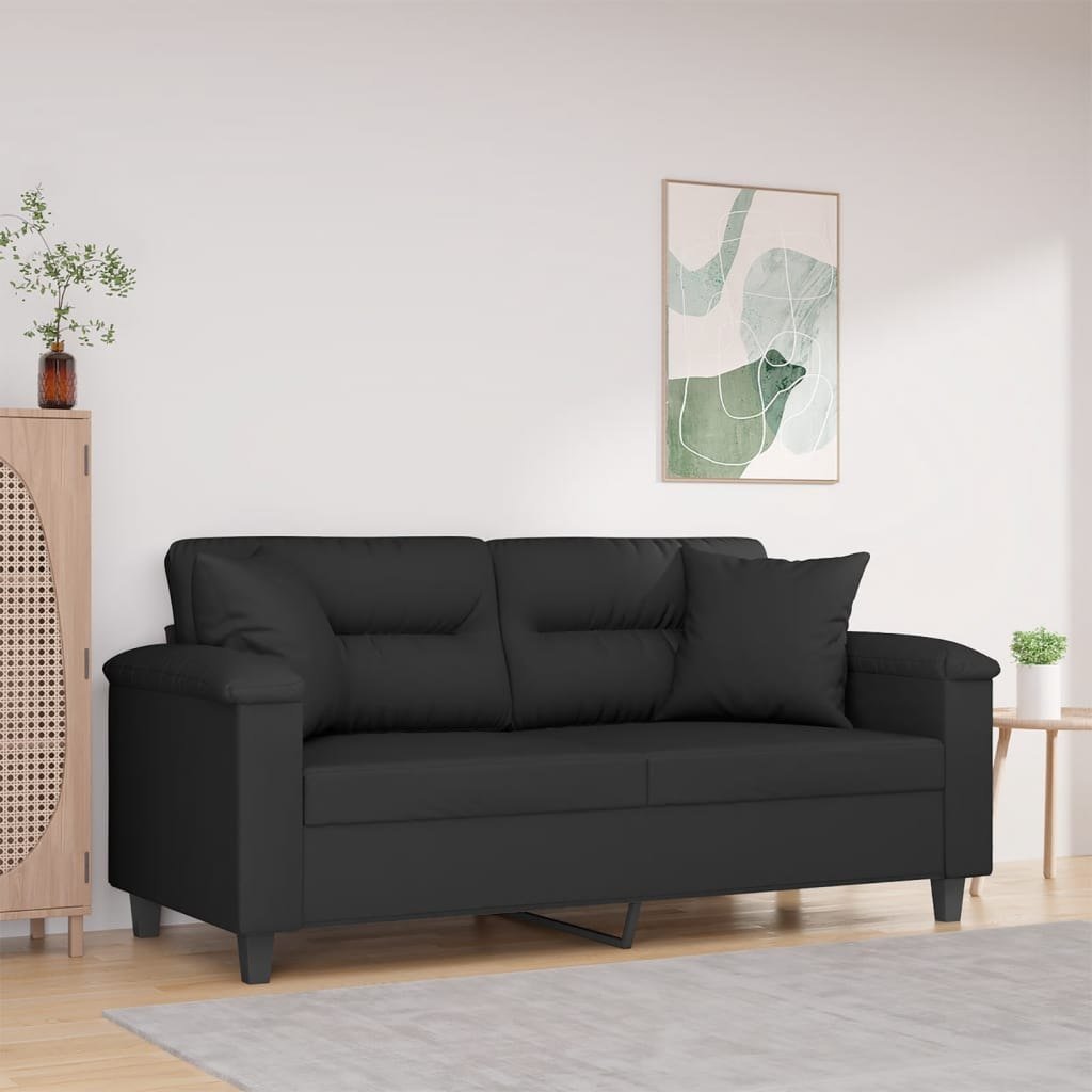 vidaXL 2-osobowa sofa z poduszkami, czarna, 140 cm, mikrofibra