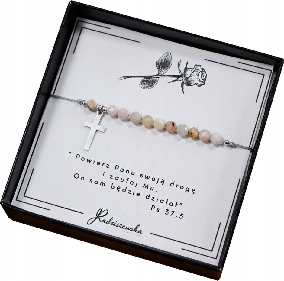 Radziszewska Jewellery Bransoletka Różaniec z Kamieni Naturalnych Opal Różowy Cytat Srebro 925