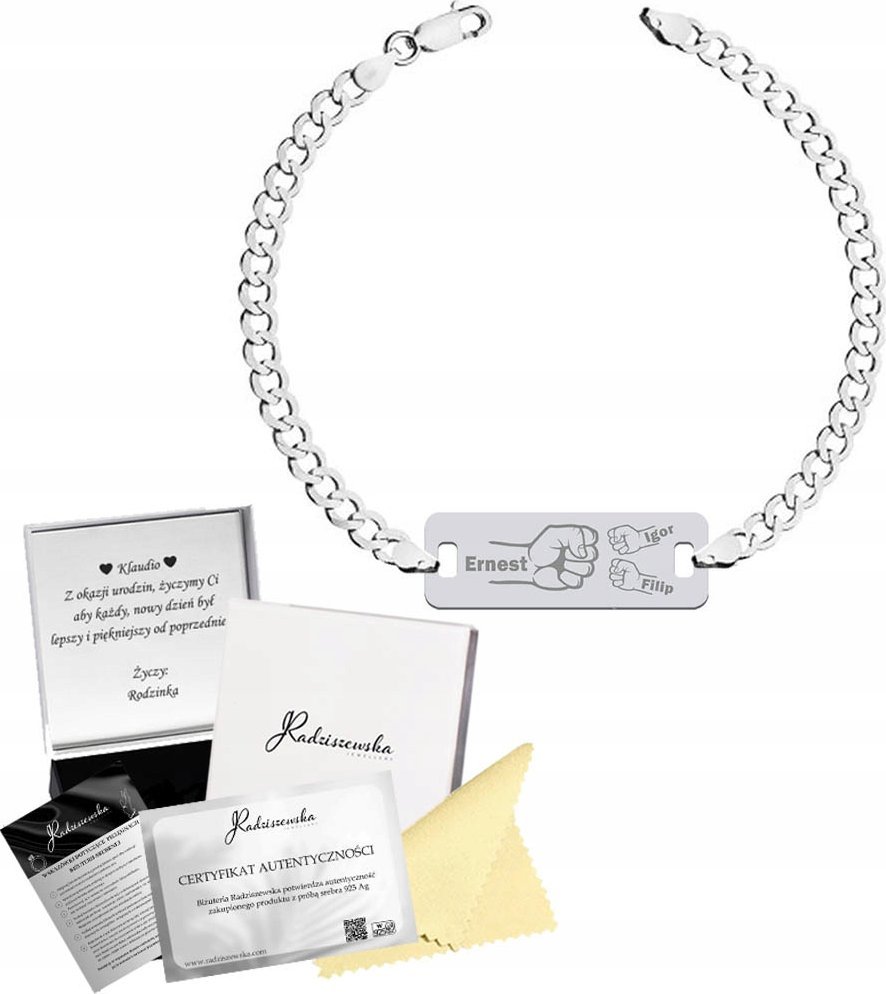 Radziszewska Jewellery Bransoleta Srebrna z Grawerem Tata Dzieci Dzień Ojca Pancerka 925 Prezent