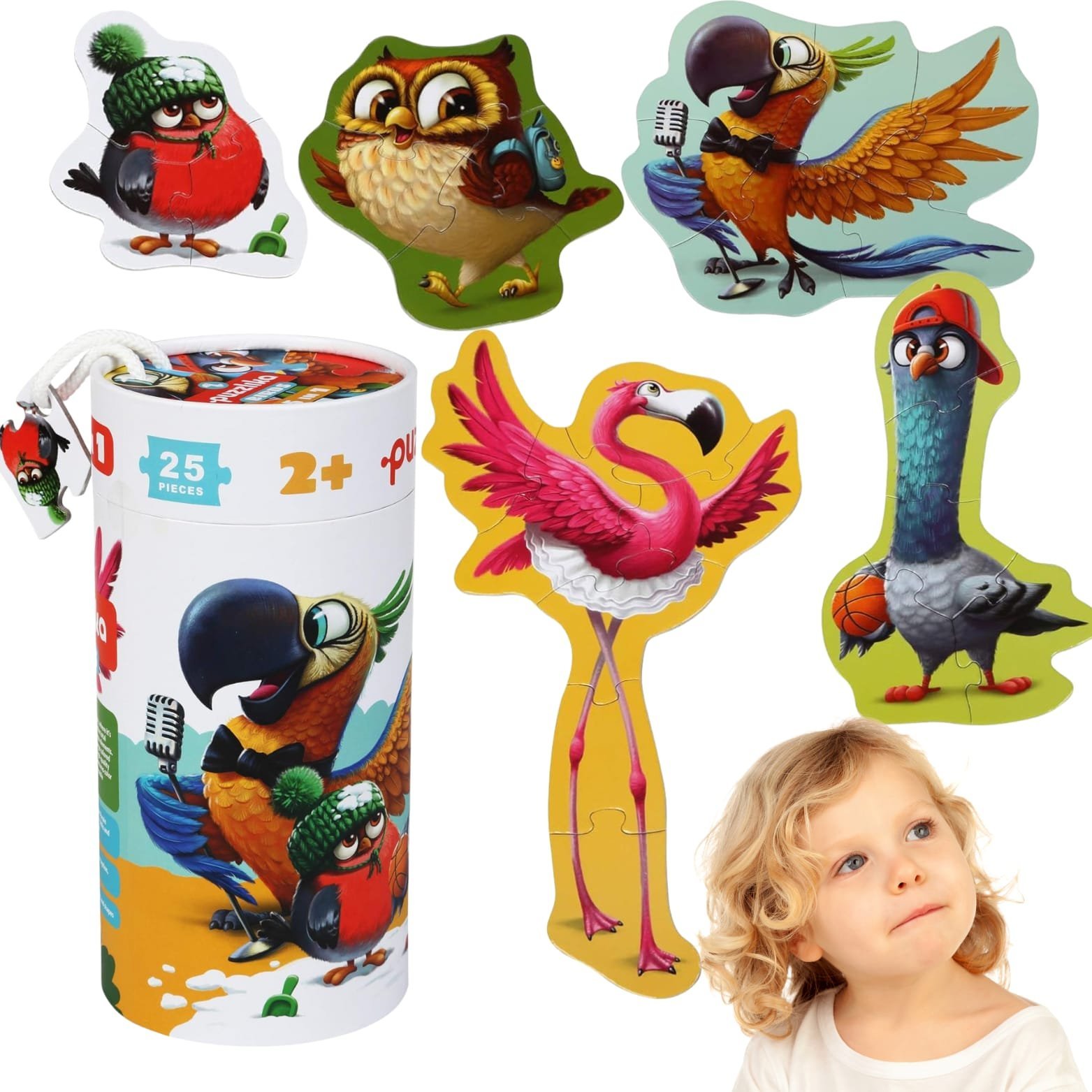 Cubika PUZZLE 5W1 PTAKI 20 ELEMENTÓW ZWIERZĘTA ZESTAW UKŁADANKA PUDEŁKO Z UCHWYTEM