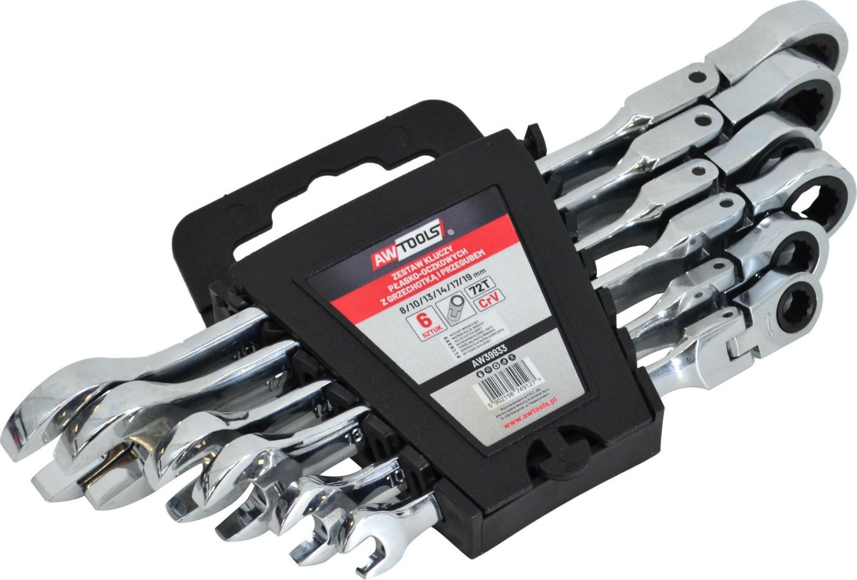 AWTOOLS KLUCZE PŁASKO-OCZKOWE Z GRZECHOTKĄ PRZEGUBOWE KOMPLET 6 szt. 8-19mm