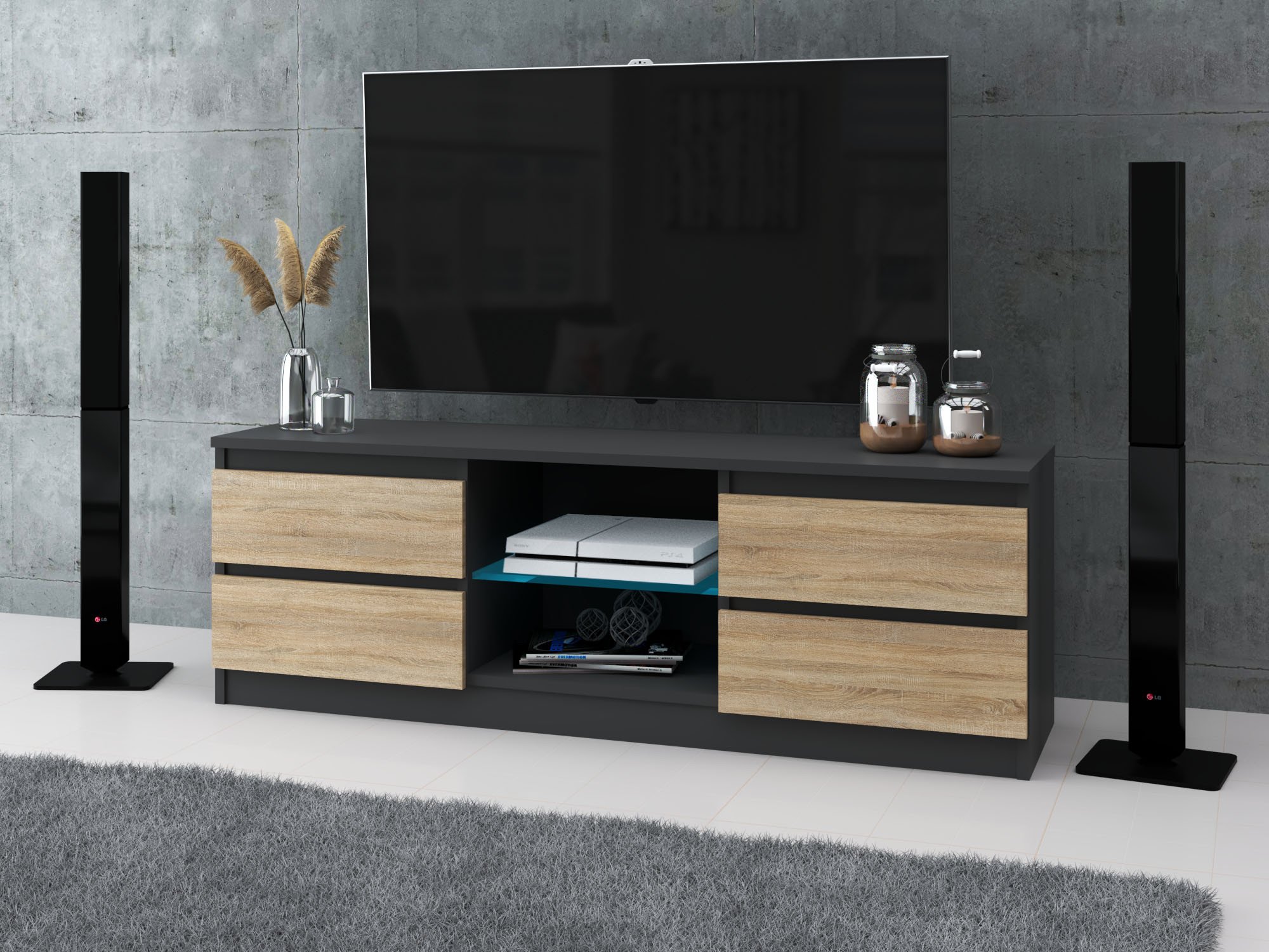 Szafka rtv nowoczesny stolik do salonu 138cm 4 szuflady szary dąb sonoma