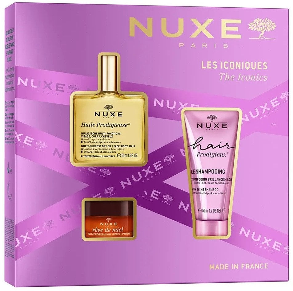 Nuxe The Iconics zestaw suchy olejek regenerujący 50ml + balsam do ust 15g + szampon wygładzający 50ml