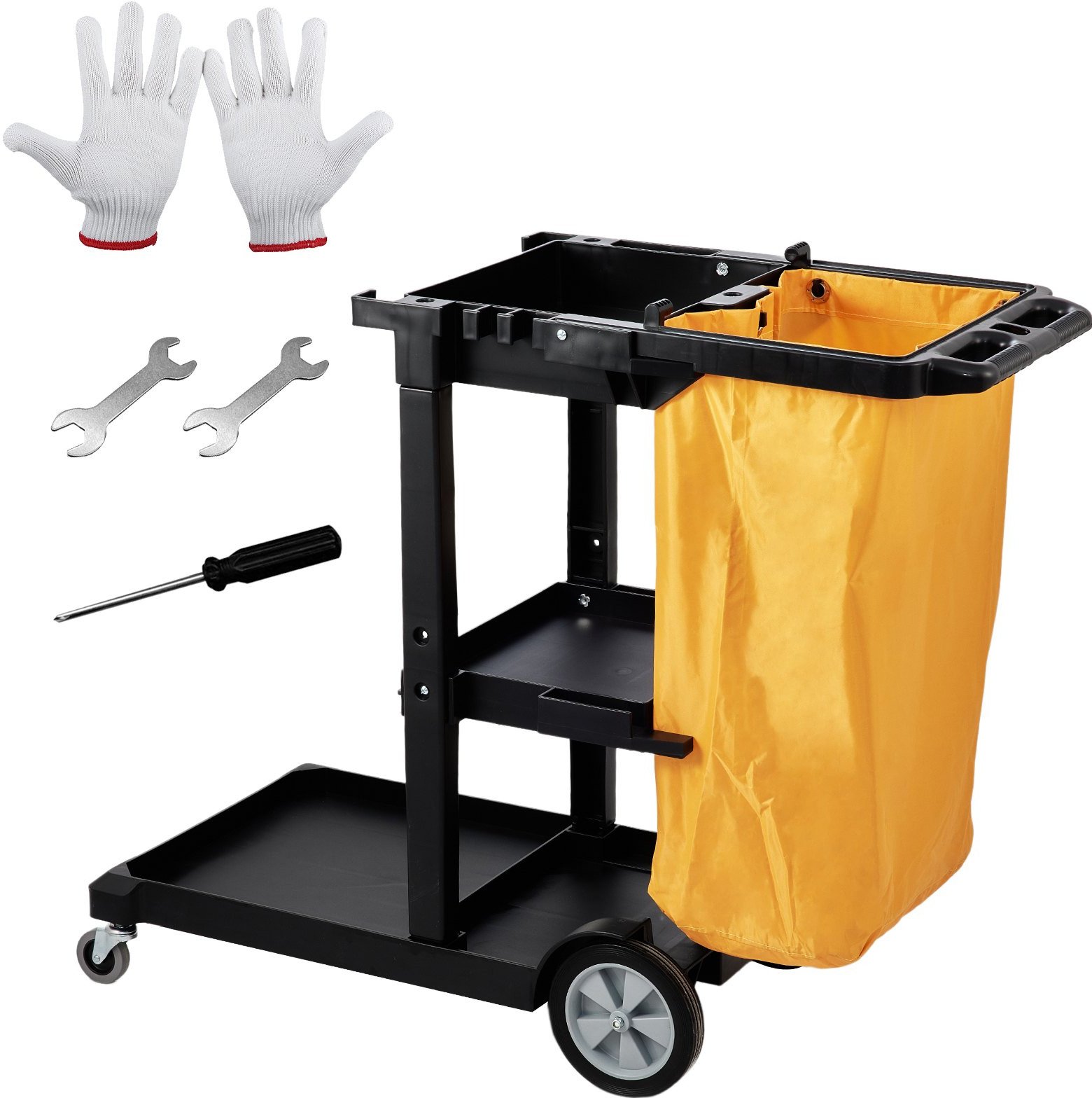 Czarny wózek do sprzątania 3-poziomowy z workiem na odpady