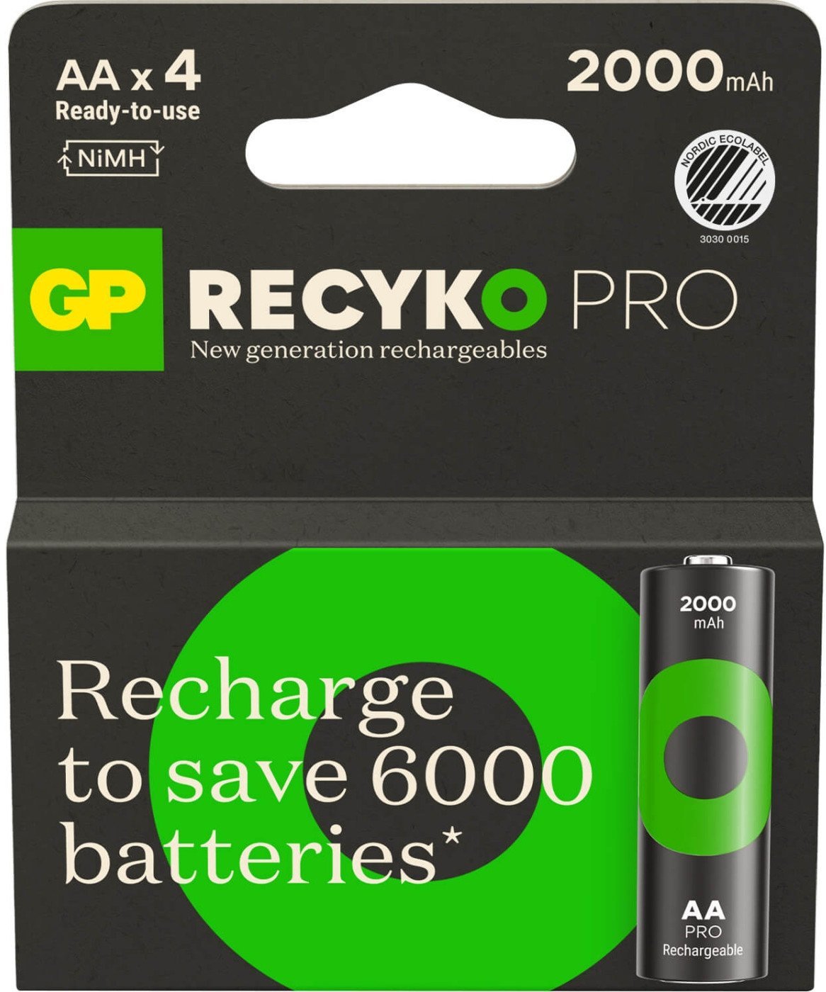 GP GP ReCyko Pro Rechargeable Battery, Size AA, 2000 mAh, 4-pack