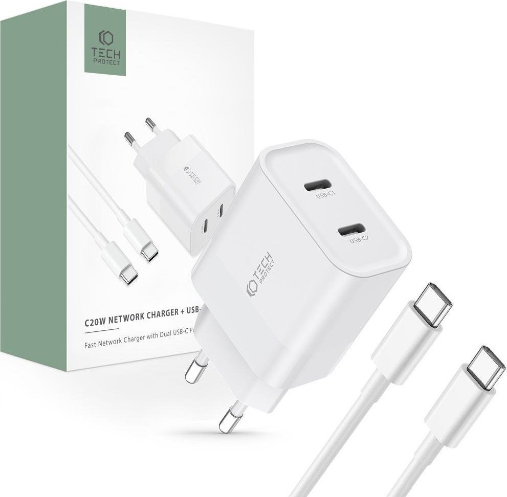 Ładowarka Tech-Protect TECH-PROTECT C20W 2-PORT NETWORK CHARGER PD20W + TYPE-C CABLE WHITE