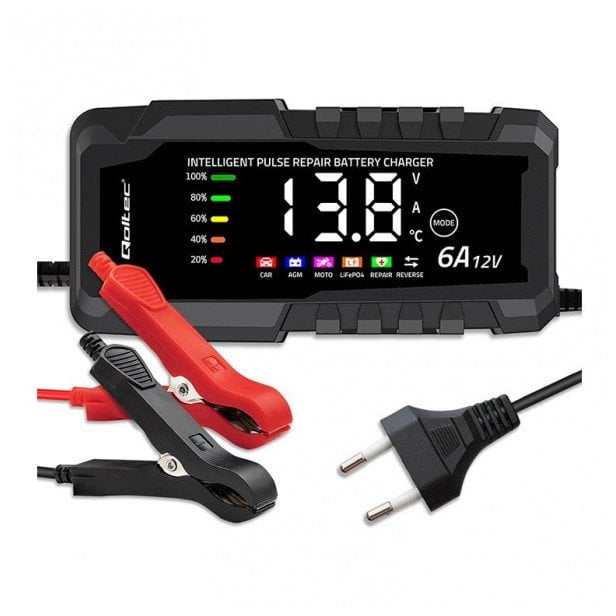 Qoltec Mikroprocesorowa ładowarka 12V 6A | Prostownik z funkcję naprawy do akumulatora AGM GEL LiFePO4 | LCD