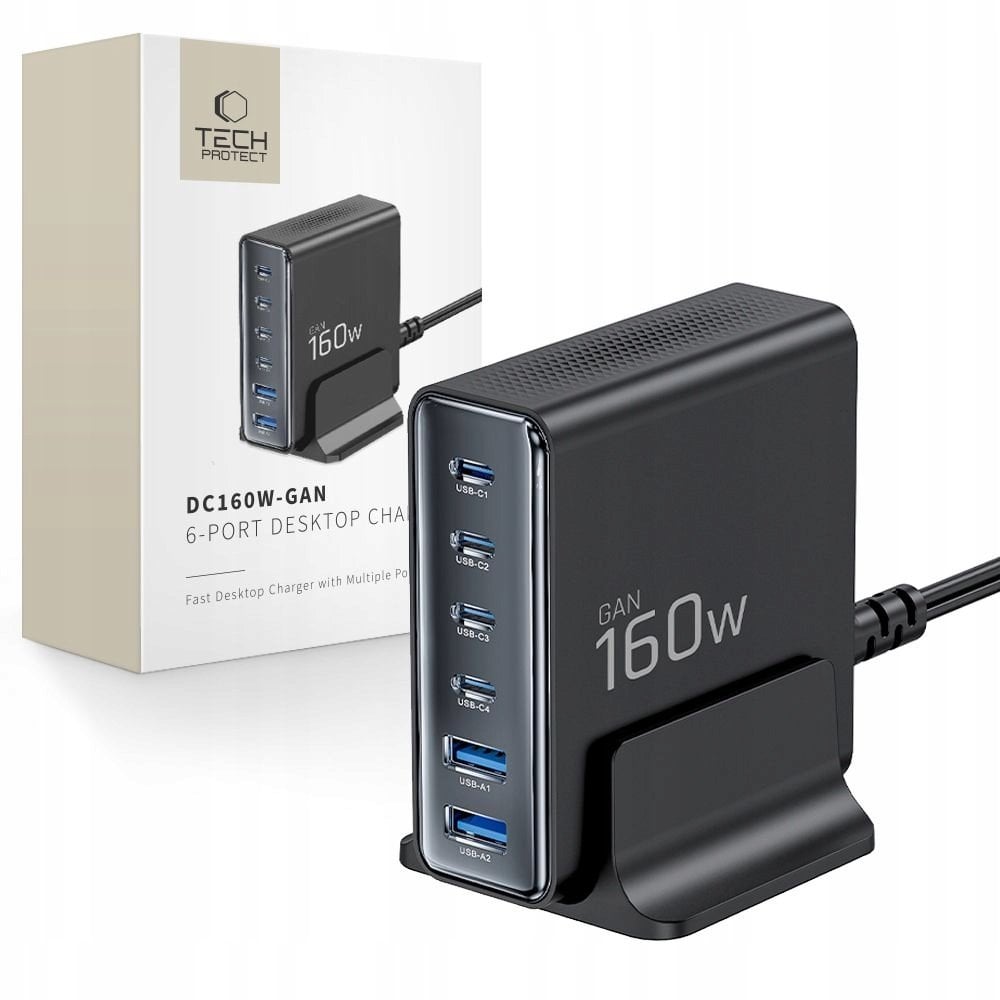 Ładowarka sieciowa Tech-Protect DC160W-GAN 6-port Desktop Charger PD 160W / QC3.0 Black