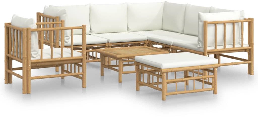 8-cz. zestaw mebli do ogrodu, kremowe poduszki, bambus