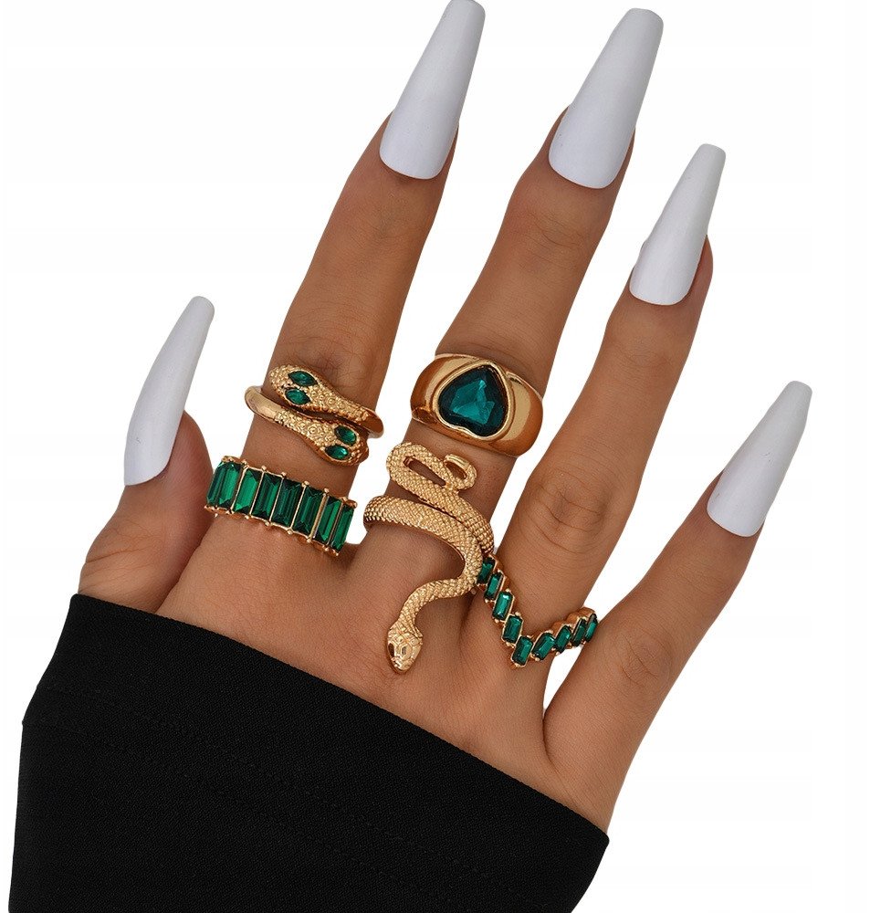 ZESTAW Złotych PIERŚCIONKÓW RETRO PUNK VINTAGE 5 Sztuk WĄŻ Serce Zielony
