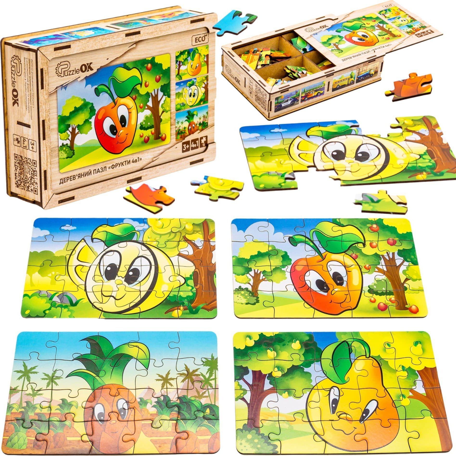 PuzzleOK Drewniane Puzzle 4w1 Owoce Układanka Zestaw Ananas Gruszka Cytryna Jabłko