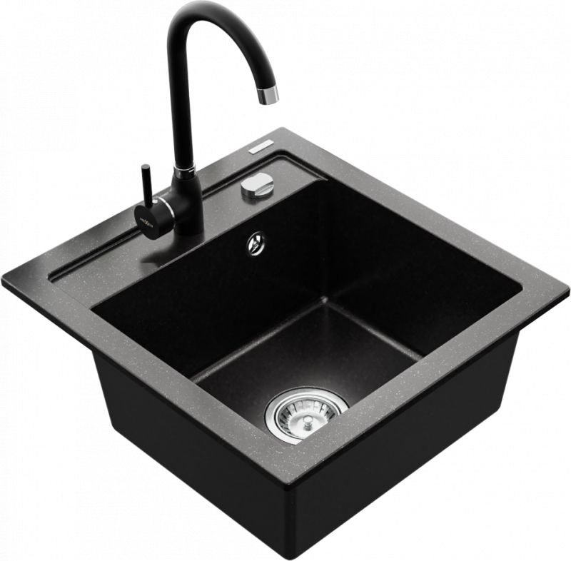 Zlewozmywak Mexen Mexen Vito zlewozmywak granitowy 1-komorowy z baterią kuchenną Telma, czarny/srebrny metalik - 6503-73-670200-70