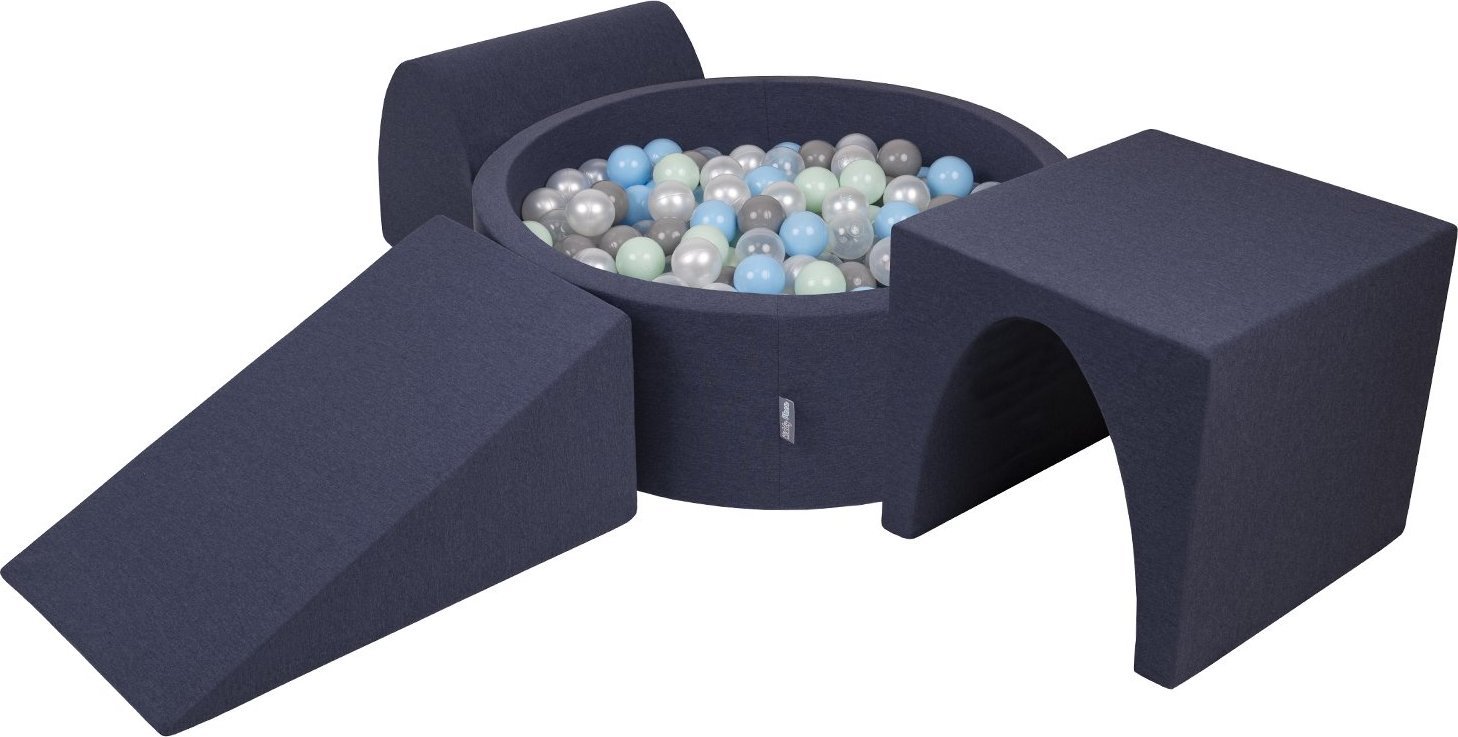 KiddyMoon Piankowy plac zabaw PPZP-OK30D-124 z piłeczkami granatowy: perła-szary-transparent-babyblue-mięta basen 300/klin L/górka/tunel Zabawka plac