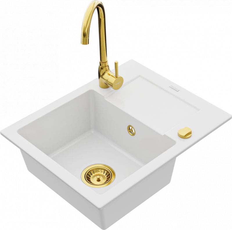 Zlewozmywak Mexen Mexen Enzo zlewozmywak granitowy 1-komorowy z ociekaczem i baterią kuchenną Telma, biały - 6506-20-670200-50