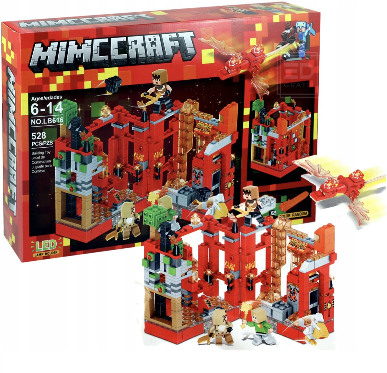 KLOCKI MINECRAFT ATAK SMOKA NETHER LED NA BAZĘ DUŻY ZESTAW 528 el LEBO