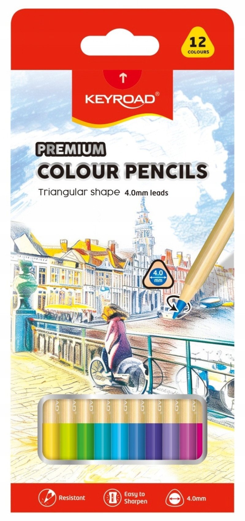 Kredki ołówkowe KEYROAD, trójkątne, 4mm, 12 szt., mix kolorów