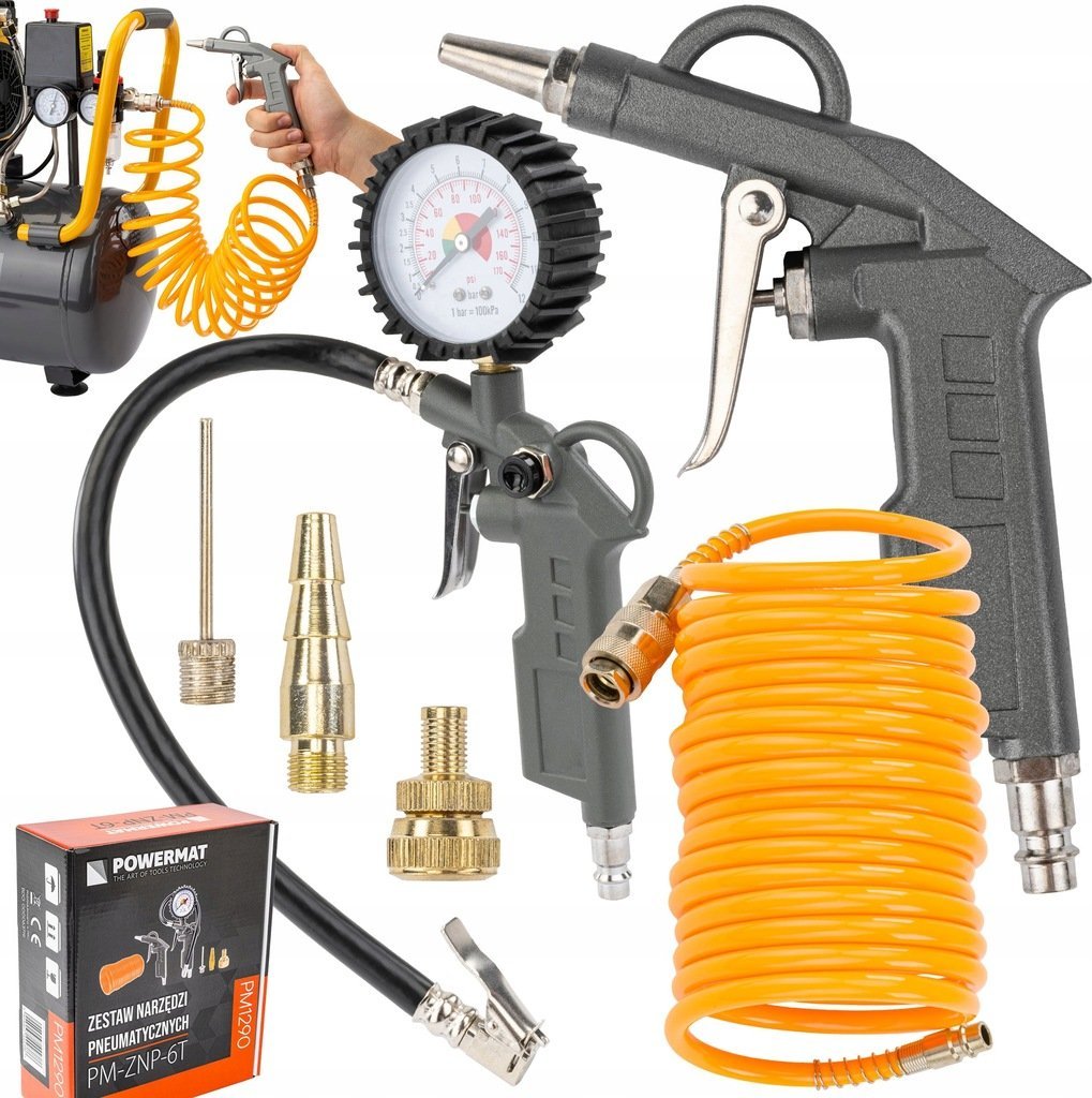 Powermat ZESTAW NARZĘDZI PNEUMATYCZNYCH DO KOMPRESORA SPRĘŻARKI WĄŻ AKCESORIA 6 EL. PM-ZNP-6T
