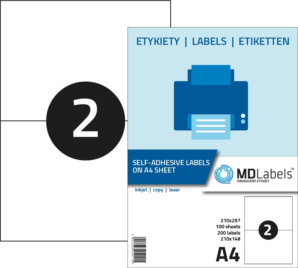 MD Labels Etykiety naklejki samoprzylepne 210x148mm na arkuszu A4 100 ark