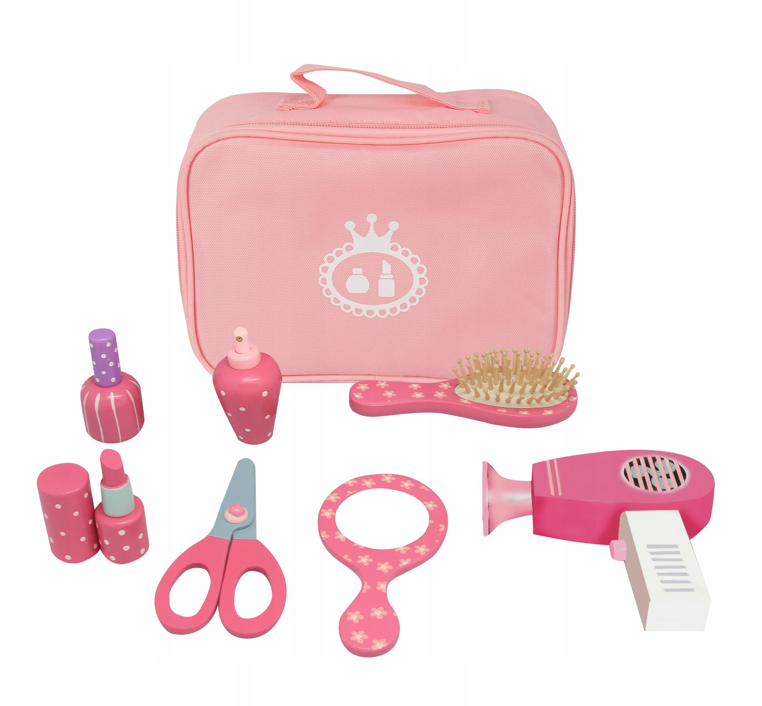 Drewniany zestaw do makijażu z kosmetyczką różowy