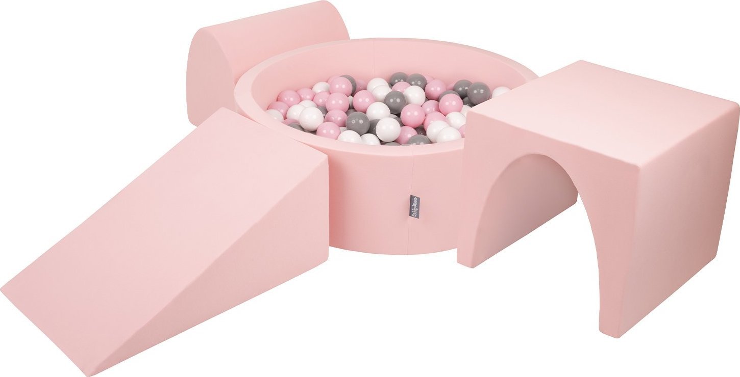 KiddyMoon KiddyMoon Piankowy plac zabaw PPZP-OK30D-124 z piłeczkami różowy: biały-szary-pudrowy róż basen 200/klin L/górka/tunel Zabawka plac zabaw