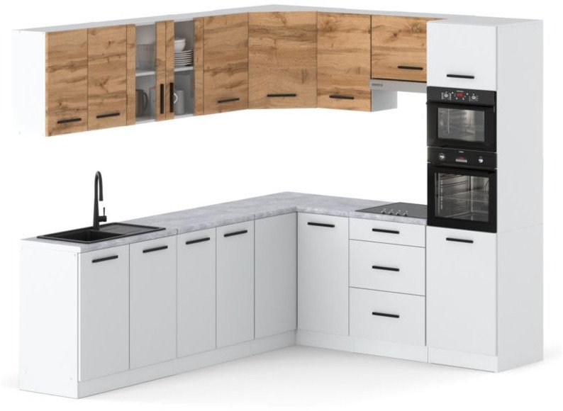 Kuchnia Marra Narożna Nowoczesna Blat 4.6m Modułowa Biała Dąb Wotan Biała