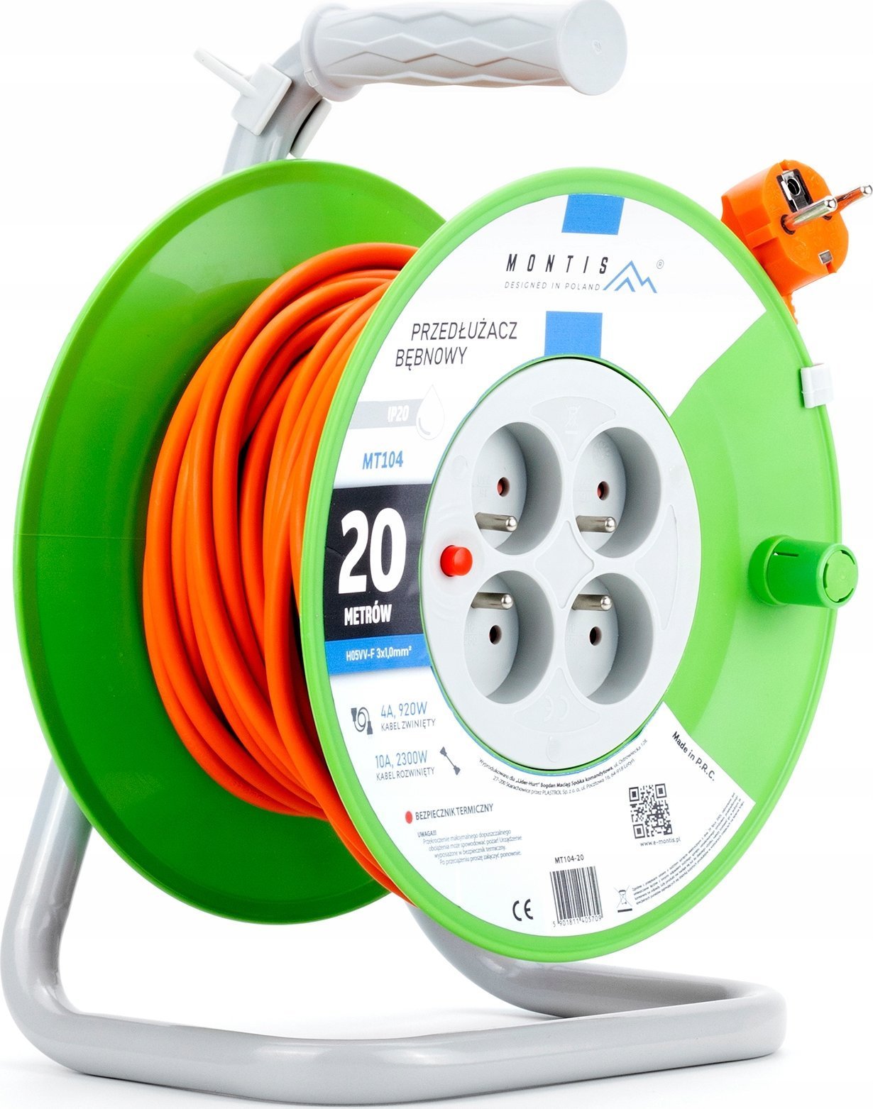 Montis Przedłużacz bębnowy MT104-20 4x2p+Z 10A 2300W 3x1 20m Montis pomarańczowy