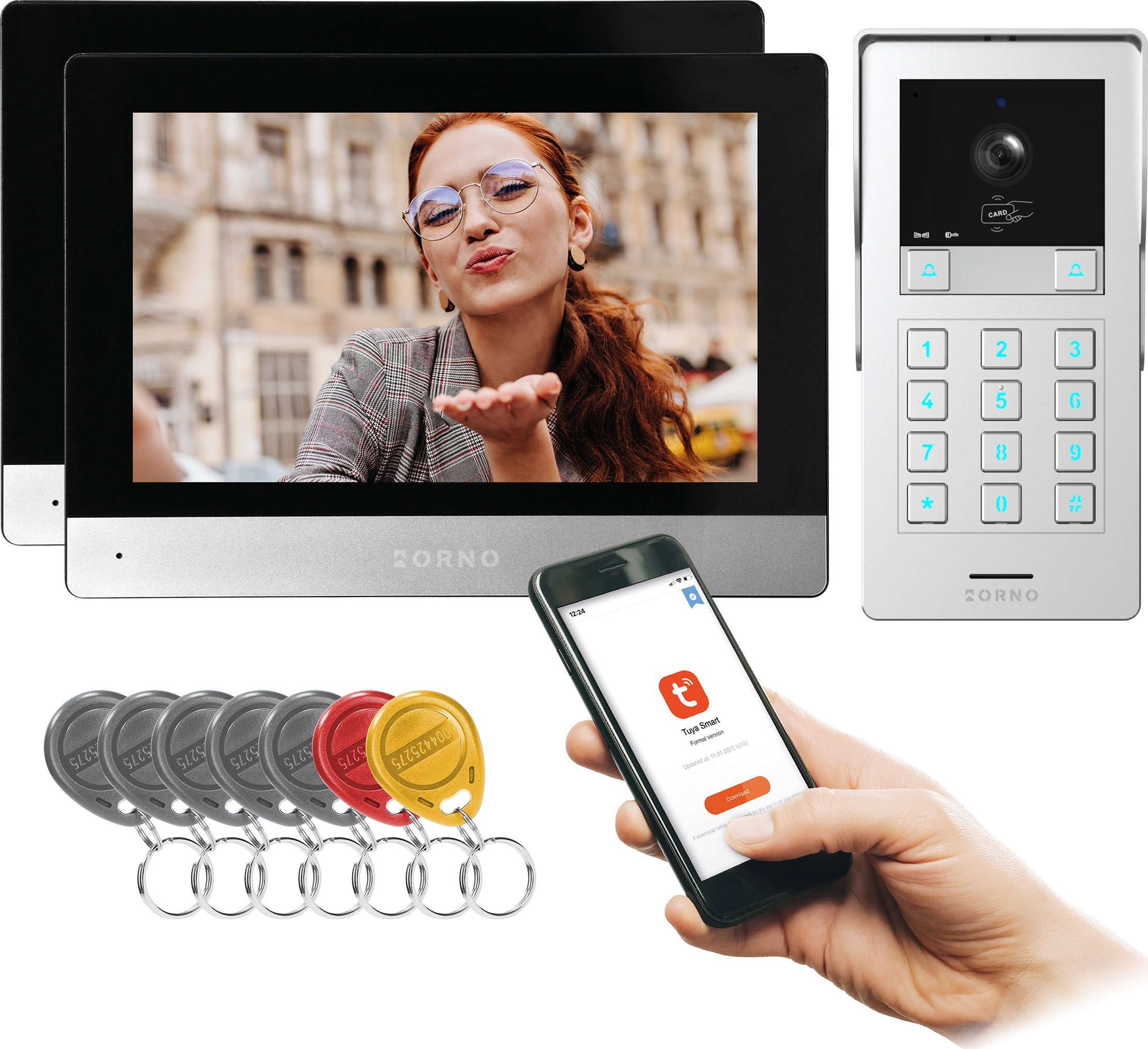 Orno GAYD MULTI2, zestaw wideodomofonowy dwurodzinny, 2-żyłowy, 8", Wi-Fi, ekran dotykowy, 2MP Full HD, RFID, szyfrator