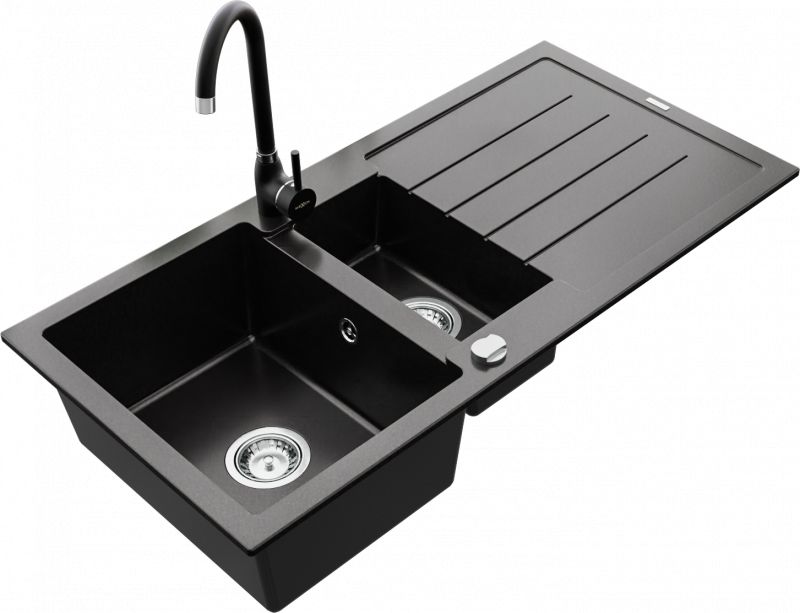Zlewozmywak Mexen Mexen Andres zlewozmywak granitowy 1,5-komorowy z ociekaczem i baterią kuchenną Telma, czarny - 6515-77-670200-70