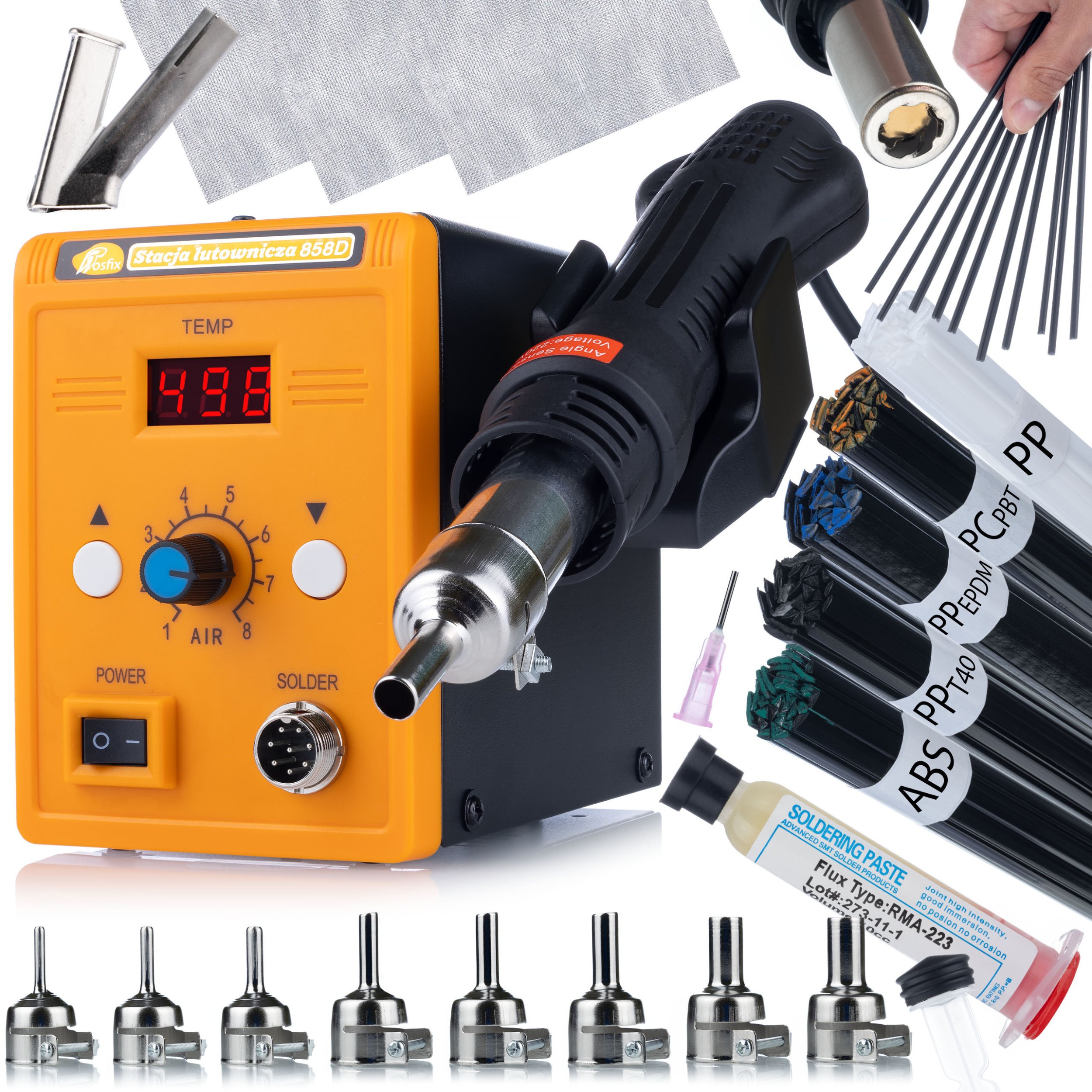 KOMPLETNY ZESTAW ROSFIX STACJA LUTOWNICZA 858D DYSZE SPOIWA SIATKI TOPNIK