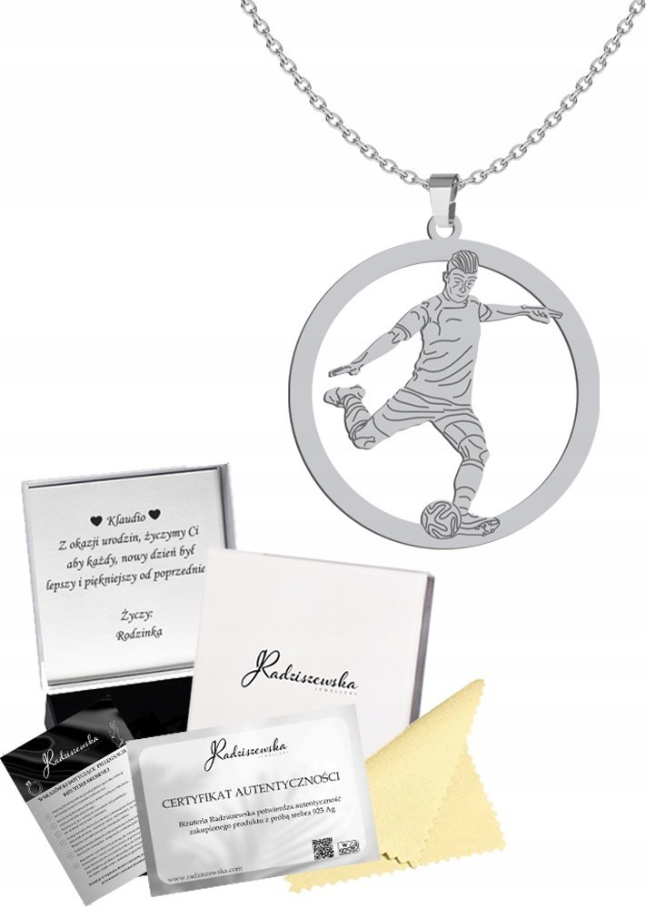 Radziszewska Jewellery Naszyjnik Srebrny Piłkarz Piłka Nożna Pancerka 925 Prezent GRAWER GRATIS