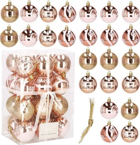 Springos Bombki choinkowe rose gold 24 szt. różowy 6cm zestaw choinkowy UNIWERSALNY