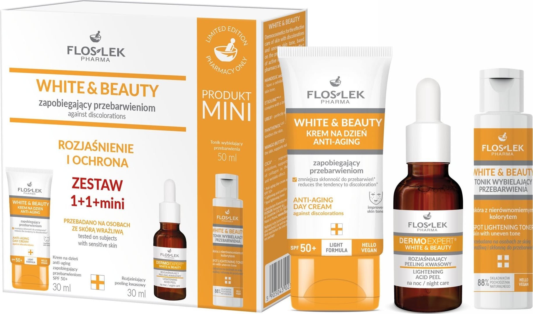 Floslek FLOSLEK Zestaw prezentowy White&Beauty Krem zapobiegający przebarwieniom + Peeling rozjaśniający + Tonik wybielający