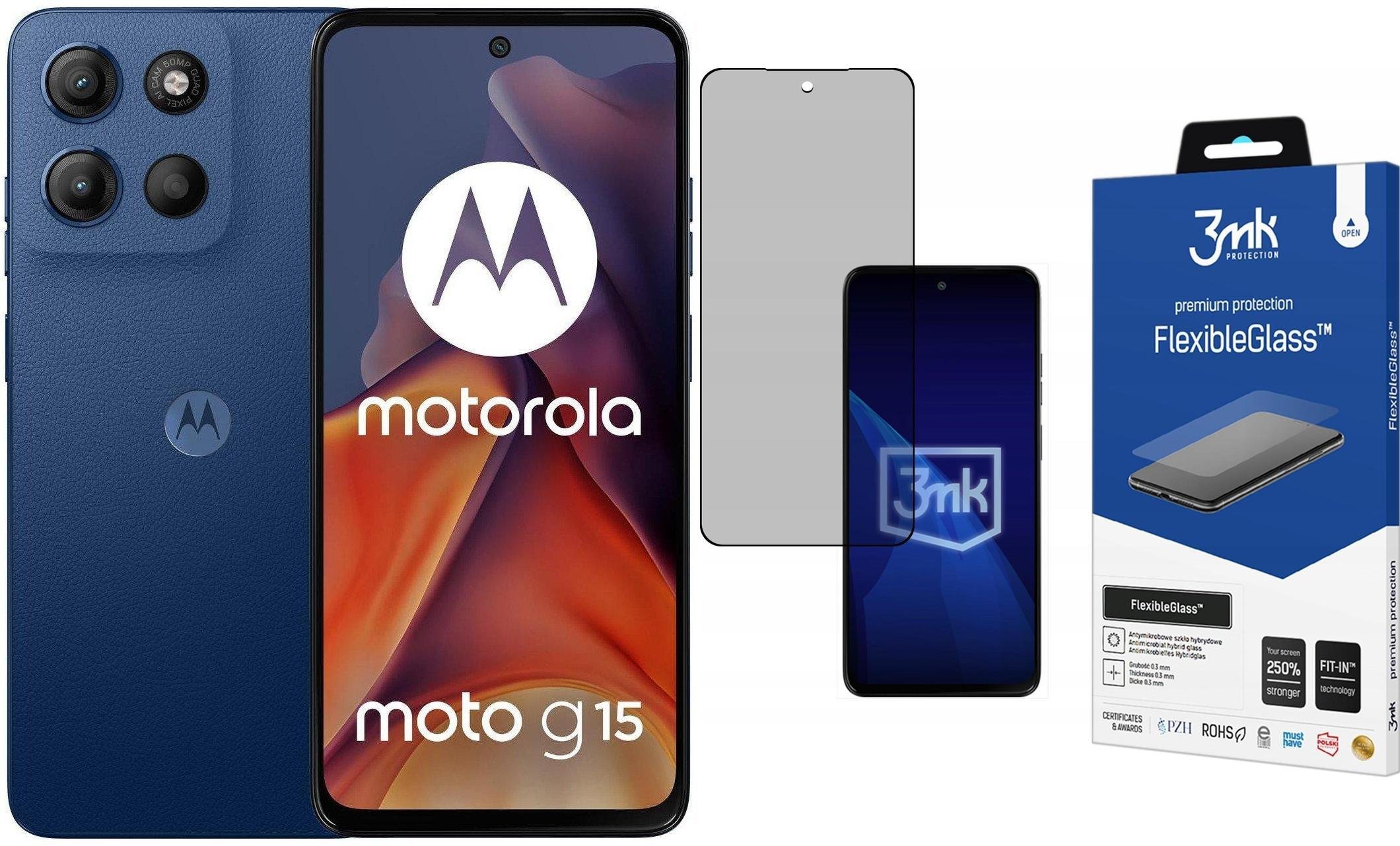 Smartfon Motorola Moto G15 8/128GB Granatowy (PB6E0062PL) + FlexibleGlass