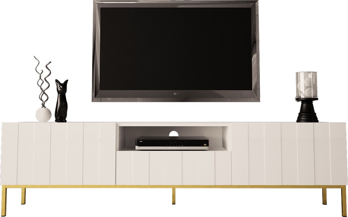 MEGSTYL SZAFKA RTV 190CM NA ZŁOTYCH NÓŻKACH - ELEGANTE 1 biały mat - biały połysk