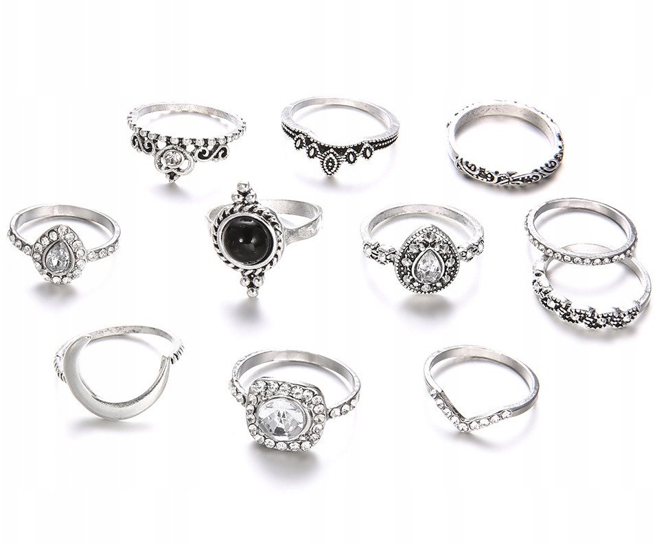Srebrny ZESTAW PIERŚCIONKÓW RETRO PUNK BOHO 91