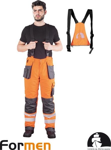 Leber&Hollman LH-FMNWX-B - Spodnie ochronne ocieplane ogrodniczki FORMEN, odpinane szelki, liczne kieszenie - żółto-stalowo-czarny XL